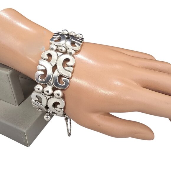 Vintage MWS Mexico Chunky 92g Sterling Silver Bracelet With Security Chain - Picture 1 of 5